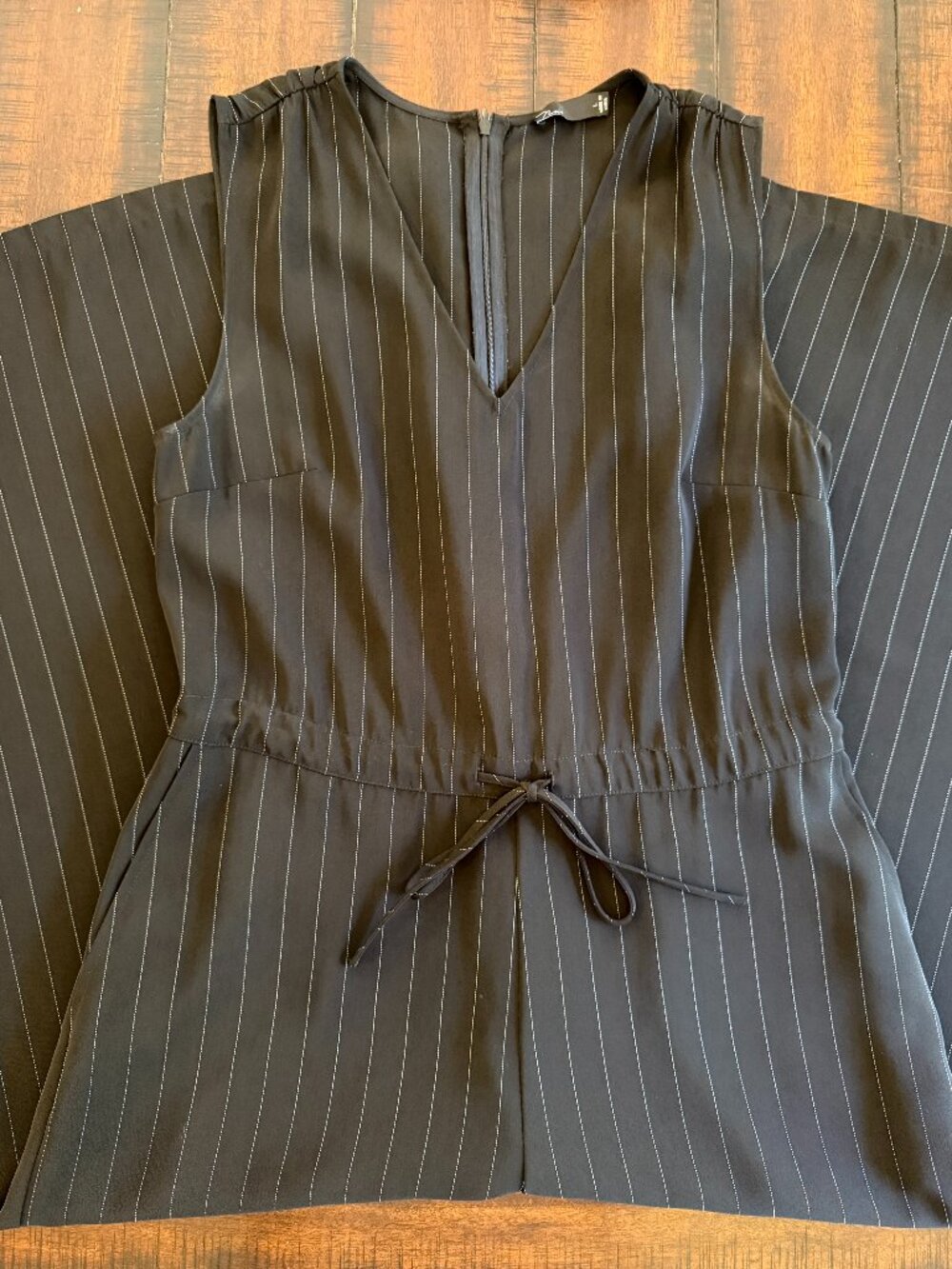 BLANC NOIR Wide Leg Jumpsuit, Black w/ Pinstripes, size L